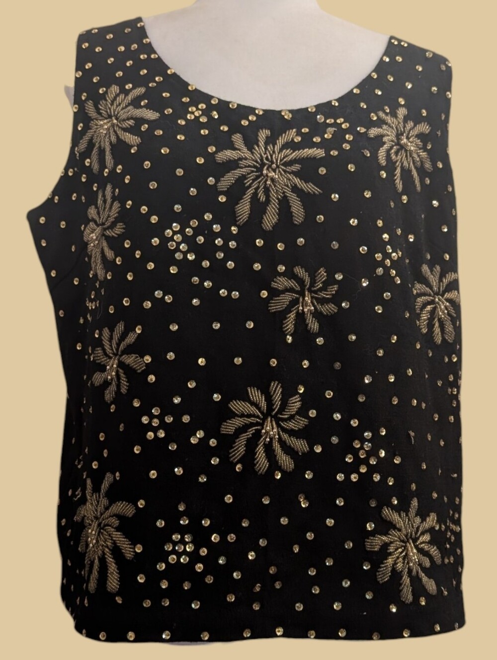 Vintage Monrose Hand Beaded Black Gold Sequin Sweater British Hong Kong Size 44
